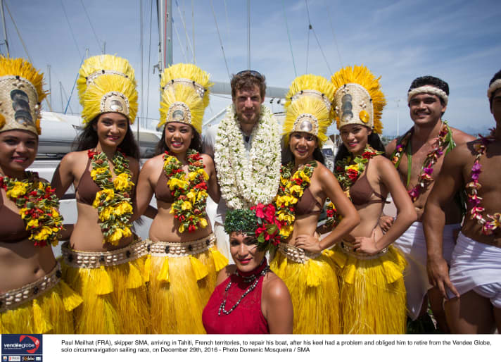   The Polynesians prepared a colourful and warm welcome on Tahiti for the beleaguered and retired skipper Paul Meilhat