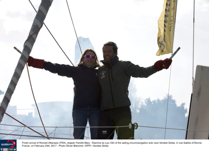   As if they were holding the baton that Sam Davies started with in 2008/2009 as Vendée fourth, before her husband Romain Attanasio completed his first Vendée Globe and handed the baton straight back to his wife. Here they celebrate Romain's finish together