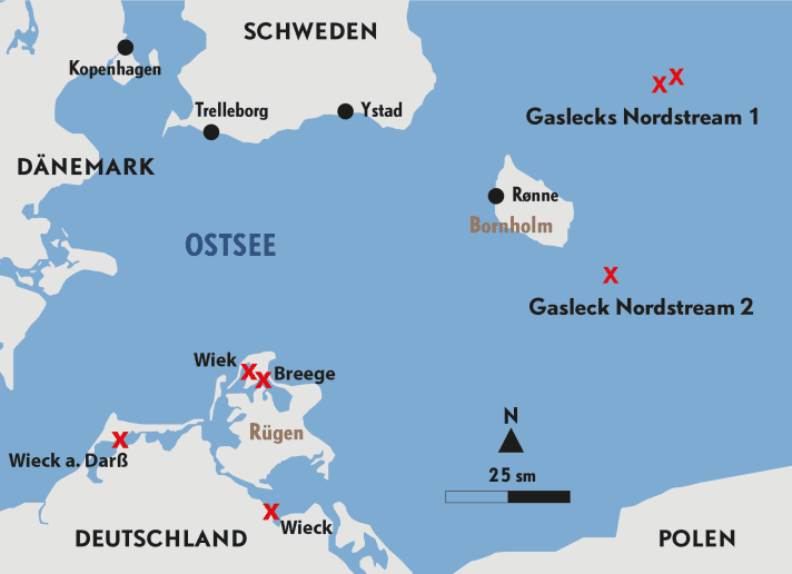 Die möglichen Startpunkte der Saboteure und die Orte der Gaslecks