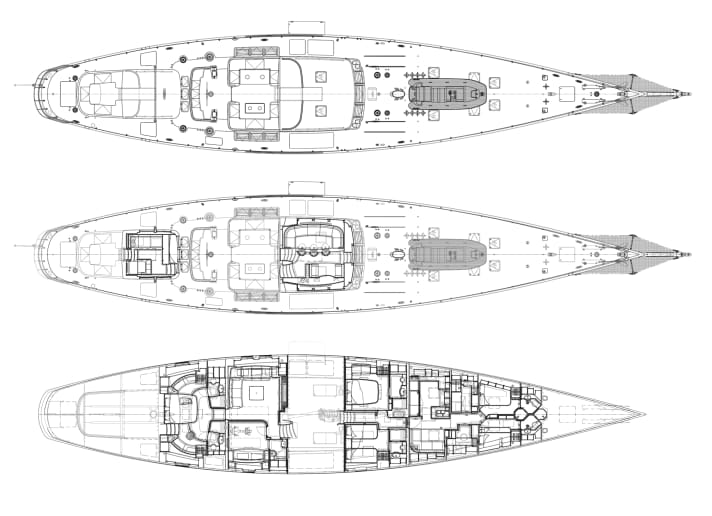 La privacy è desiderata: André Hoek ha realizzato un layout con gli alloggi dell'equipaggio a prua e un'area per l'armatore con palestra e ufficio a poppa: BEX