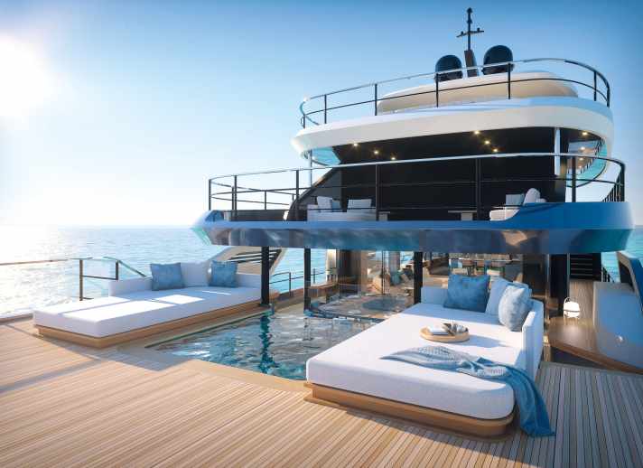 Achterdeck: Der Glasboden des Pools erhellt den Beachclub