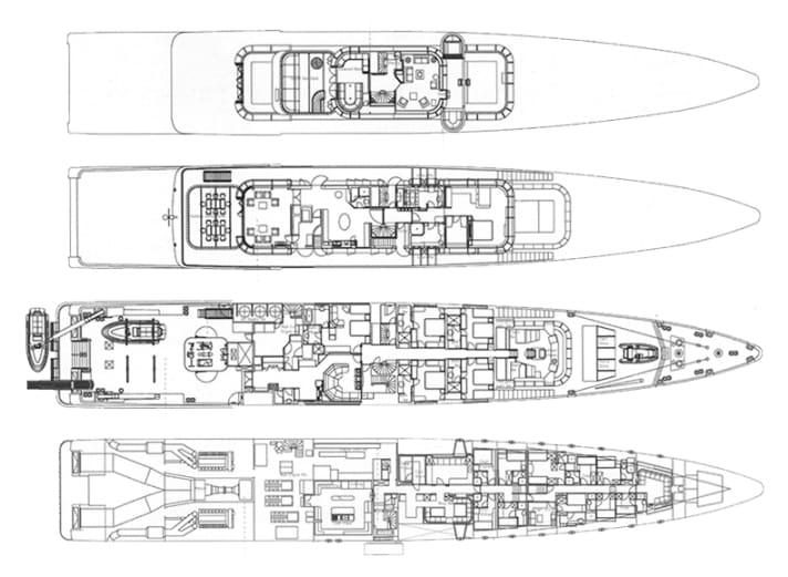 The special "Enigma" layout: Dining area on the upper deck and a stern area with gym and basketball court on the main deck
