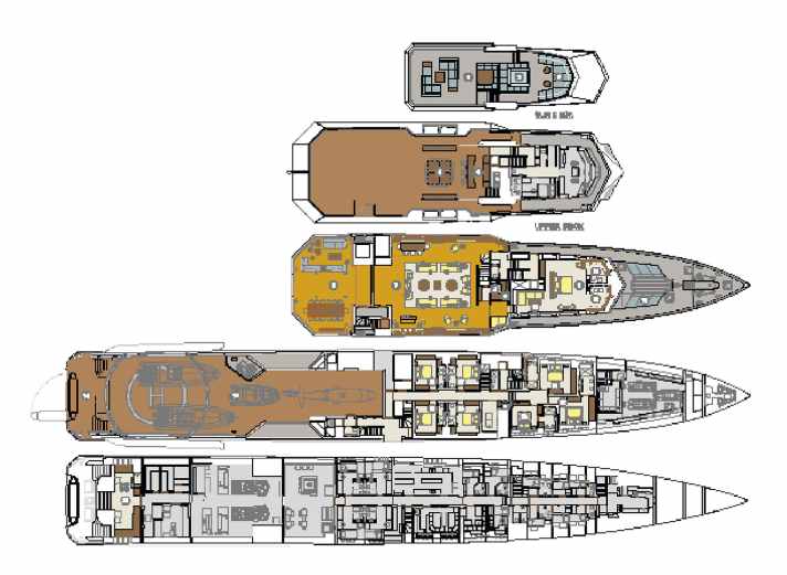 Divided into two sections: the main deck is reserved for tenders at both the bow and stern. In between, eight guests and six VIPs spend the night, whilst the owners’ couple stay above them.