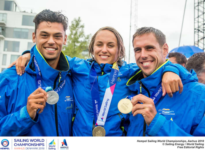   The Dutch surfers won gold twice (Dorian van Rijsselberghe, right, Lilian de Geus) and silver once (Kiran Badloe) - that was more than half the battle for their dominant victory in the nations' ranking