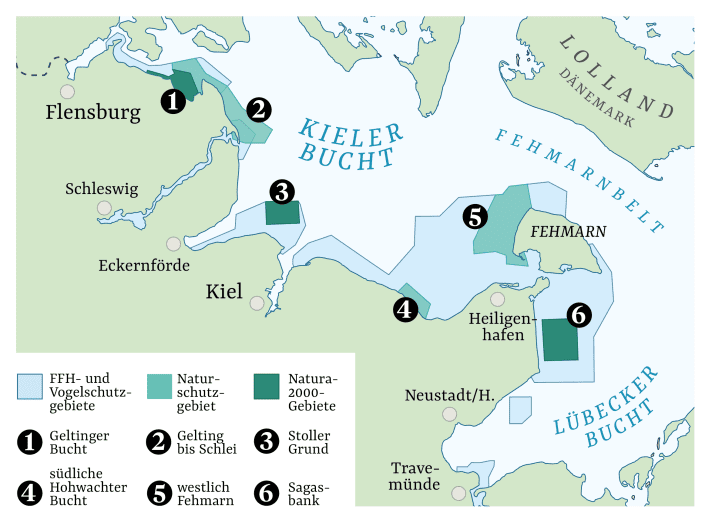 Three new marine nature conservation areas are planned (light green). In addition, the protection status of three existing Natura 2000 sites will be increased (dark green). | Graphic: YACHT/ Christian Tiedt