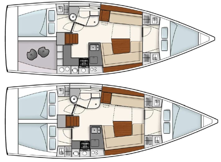   Two extension variants are possible. The galley is slightly smaller in the version with three cabins