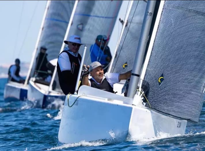 Dieter Schön's "Momo" at the European Championships off Cascais. At the front of the picture is tactician Markus Wieser