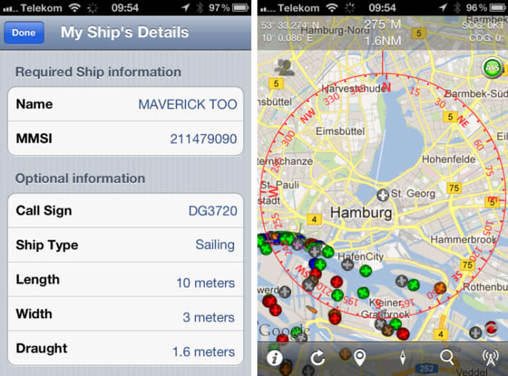   Ship details (left) and ship movements in Hamburg