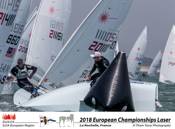   Half-time at the Laser European Championship off La Rochelle: Medium to strong winds ensured action on the course off La Rochelle