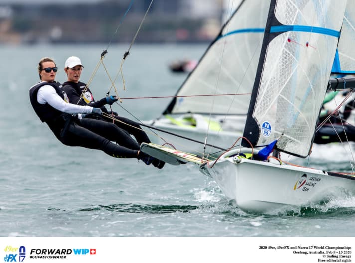   Tina Lutz and Lotta Wiemers in the 49erFX. The Kiel-based foresailor is standing in for the injured Sanni Beucke and obviously complements Tina Lutz excellently, despite having taken a break from FX for several years