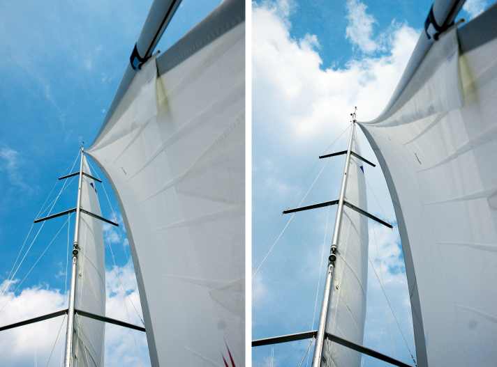 Tight forestay (left): The profile runs evenly. Loose forestay (right): The profile is very deep at the top and curls inwards.