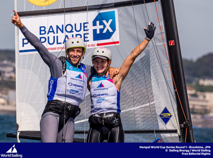   Surprisingly defeated the Italian perennial winners Tita/Banti in the final duel at the World Cup regatta and won the series in the Nacra 17: Quentin Delapierre and Manon Audinet from France