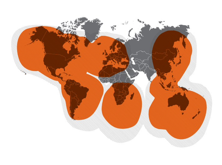 Weltweite Abdeckung des Globalstar-Satellitennetzwerks (orange: gute Verbindung, grau: eingeschränkter Empfang)