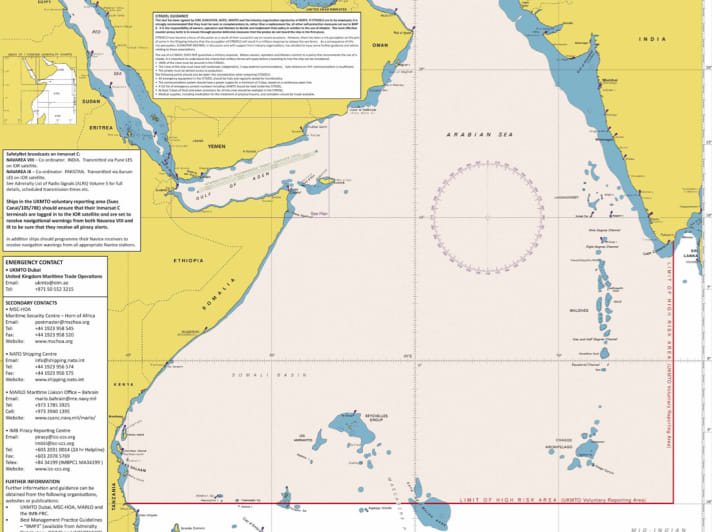   Die Hochrisikozone umfasst das gesamte Gebiet zwischen Afrika und Indien