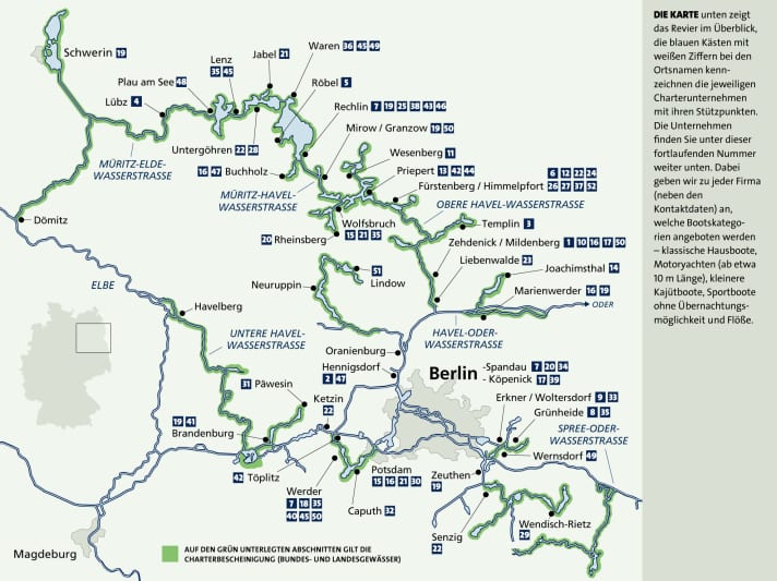   Charterreviere in Mecklenburg-Vorpommern, Brandenburg und Berlin.