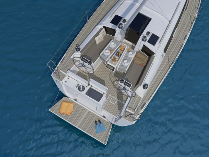   Dufour Grand Large 360 stern with integrated grill, sink and side access to the bathing platform