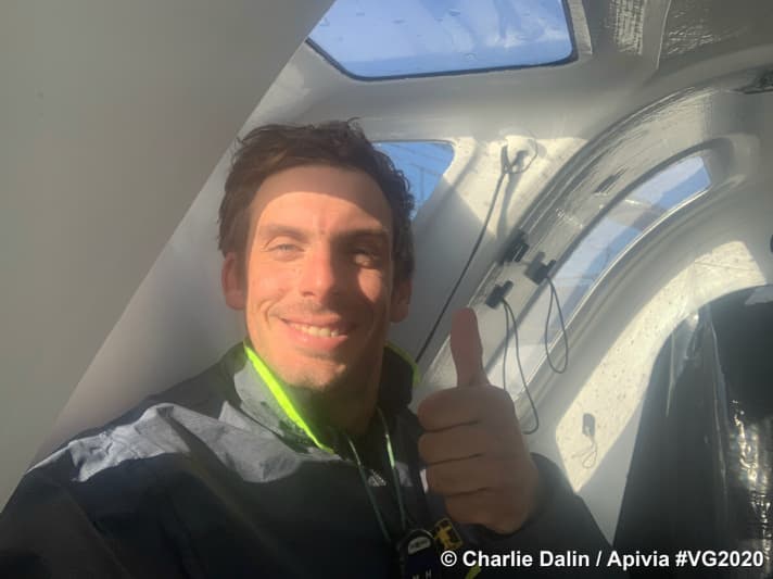   Looks tired, but is in good spirits: "Apivia" skipper Charlie Dalin