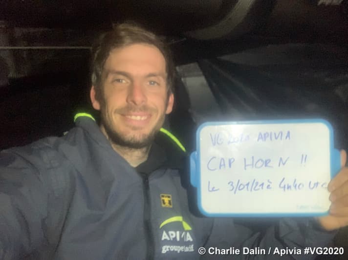   Charlie Dalin celebrates his first Cape Horn passage, sailing past the famous rock in second place after Bestaven