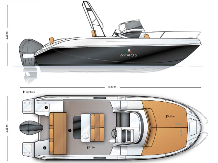 The dashboard is equipped with all the important things, but is also very large and far away from the driver. The bimini frame is powder-coated in matt black.