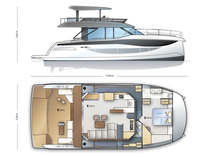 Flybridge: Das Boot kann entweder mit oder ohne Hardtop gekauft werden. Badeplattform: Sie kann hydraulisch hoch- und runtergefahren werden und 500 Kilogramm heben. Kühlvolumen: Kühlschrank 290 l; Tiefkühler optional.