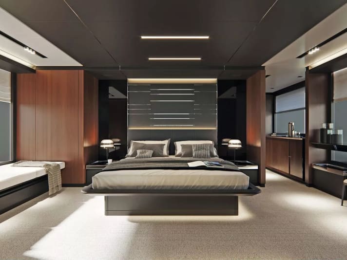 Three decks offer space for flybridge, saloon, owner's suite (photo) and four guest cabins