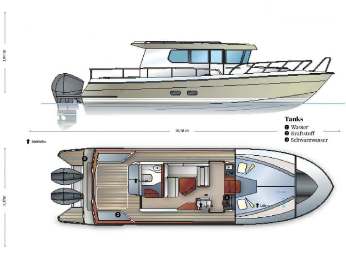 Engine: The boat is currently available with 300, 350 or 400 hp Mercury engines. Cabhouse: The deckhouse is available as shown here or in a flybridge version. Deck: The railing is high so that you can stand safely on the foredeck in rough seas.