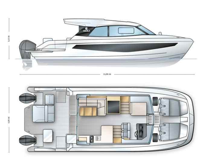The boat is available with inboard or outboard engines. Through the windows, the helmsman has a near-360-degree view. The area between the hulls is designed for sunbathing.