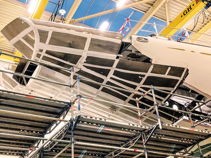 Big task: The 1.25 metre stern extension may seem marginal, but it required a new aluminium section that continues the convex-concave shape of the hull