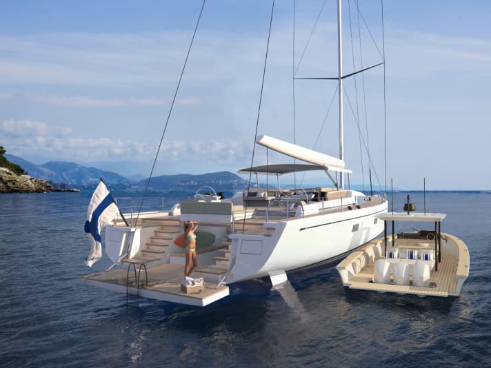 In chaseboat use alongside the Swan 120: The hull of the Swan Shadow has a vase-shaped concave stern. It was modelled on the ClubSwan 50.