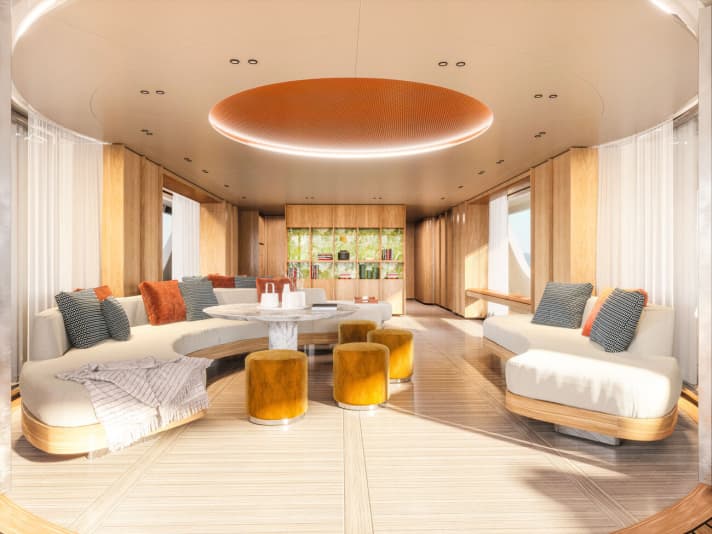 Offenes Salon-Ambiente: Bonetti/Kozerski aus New York schlagen für die Oasis 34M helle Stoffe und Hölzer vor. Das Interior wirkt modern und wird auch vielen Chartergästen gefallen. | n.