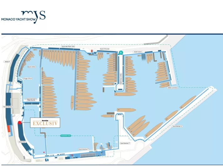 Preliminary layout: The largest yachts are moored at the Quai Rainier III cruise pier and at the head ends of Quai Rainier 1er and Quai l'Hirondelle. BOOTE EXCLUSIV (DS97) as well as the Sustainability Hub can be found at Darse Sud. The new Adventure Area will be located on Quai Jarlan and Quai Antoine 1er. | Graphic: MYS