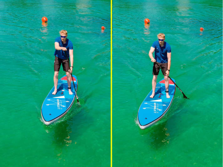 That's right: the upper hand is above the lower hand, the paddle close to the board.