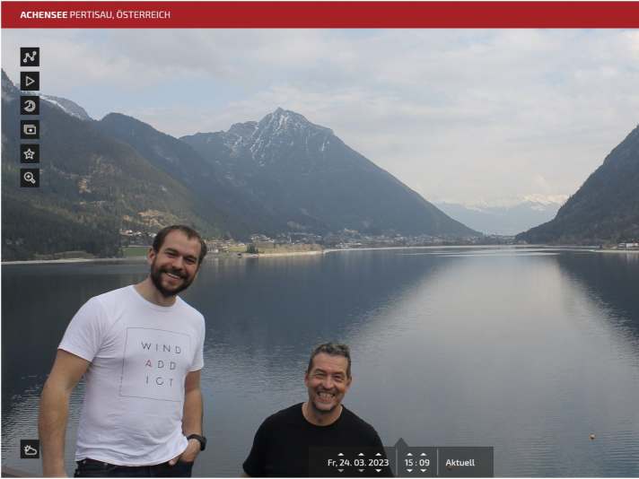 A webcam selfie of the developers at Lake Achensee.