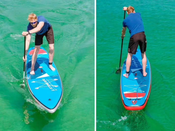 The paddle should remain vertical throughout the entire stroke and be pulled in a straight line from front to back. DO NOT (!) pull in an arc along the outline of the board. To do this, your top hand must also be on the paddle side.