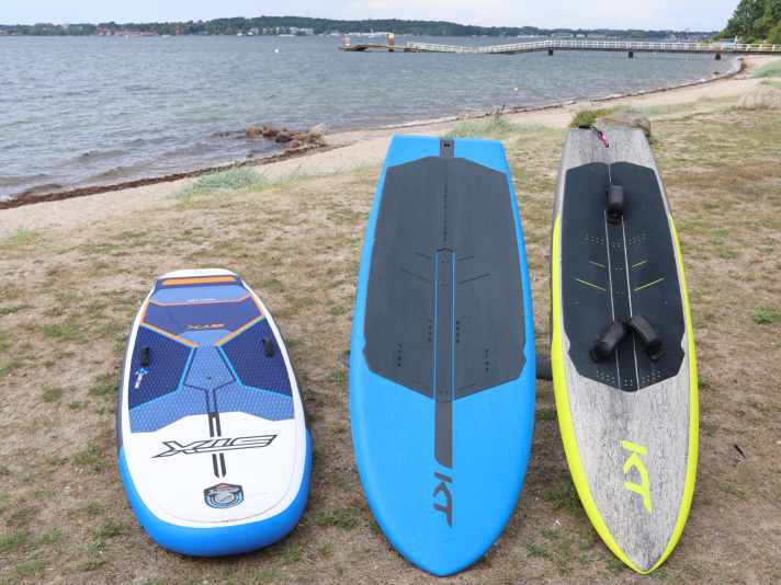 Hardboards generally perform better in light winds, whilst inflatables (left) are more compact when packed away