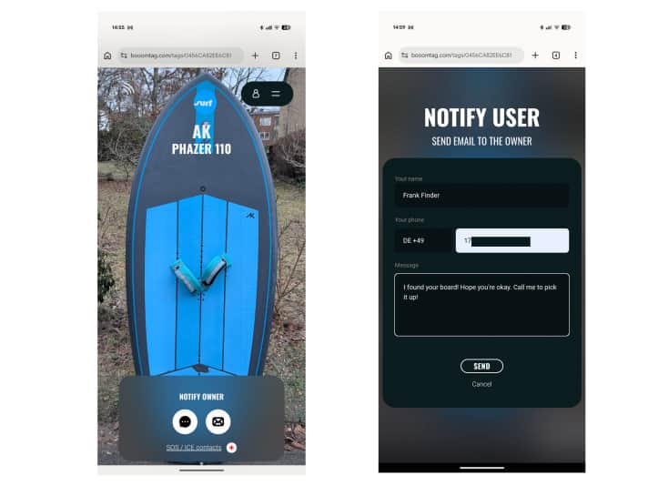 When the NFC tag is scanned, the key details about the item and the owner’s contact details appear (left). The finder can then easily send the owner a message (right).