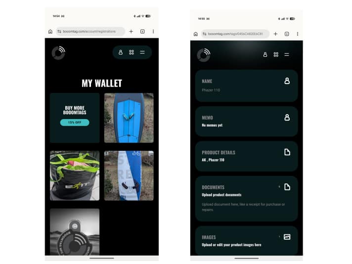 The Booomtag wallet contains all registered tags and products. Additional information can also be stored there.
