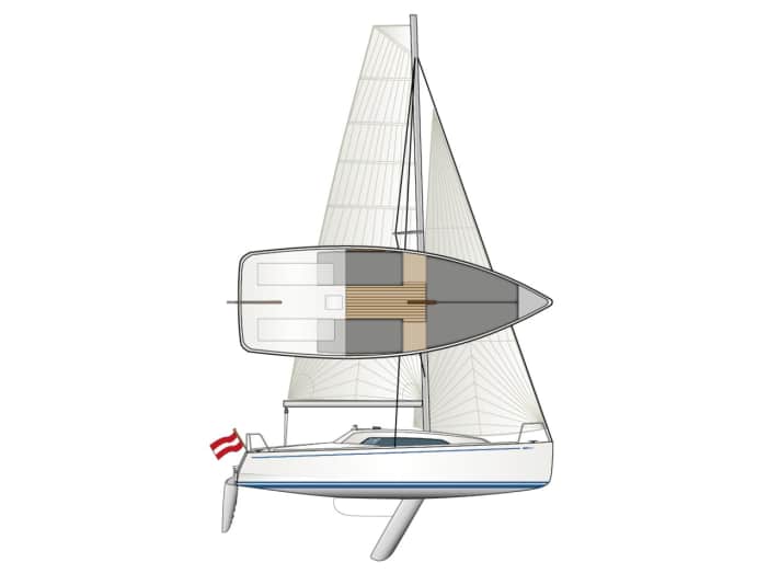 Les appendices de la coque sont assez étroits. Le bateau n'est disponible qu'en version à quille pivotante.