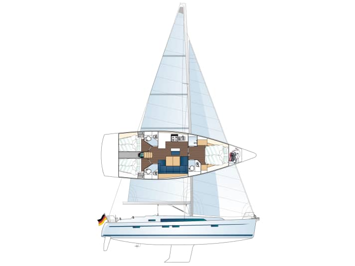 The interior layout with three cabins is standard. The foredeck can be divided with flexible bulkheads.