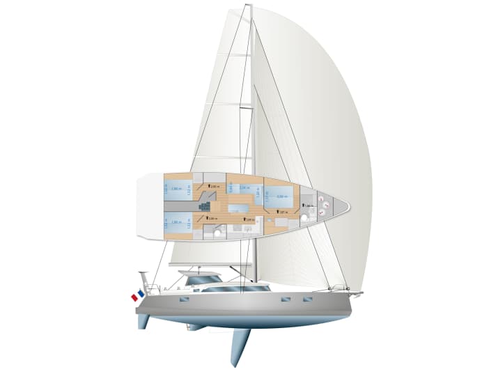 Water away, no problem: with the centreboard raised, the Ovni 490 can fall dry anywhere. The boat stands on the floor plate. Protected whisk: All Ovni boats are only supplied with shaft drives. A skeg protects the propellers. Standard deck covering: From the shipyard, the deck is covered with a synthetic teak imitation. The material protects and insulates.
The winches in the cockpit and the fittings on deck appear almost oversized. Only the best is good enough. There is an abundance of storage space on board. Large compartments for bulky items can be found in the stern and bow.  Alubat offers a wide range of different interior variants for the foredeck and aft. The aluminium construction also allows structural adaptations in the event of special requests.