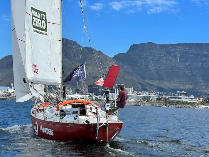 Simon Curwen reached Cape Town in first place on his Biscay 36