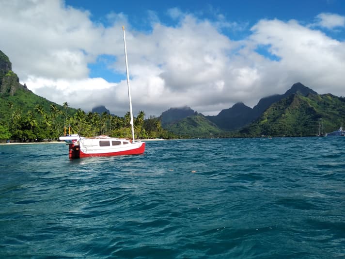   Lonely at anchor. "The South Sea islands are mythical places," says minimalist Quenet. Exploring them on his own keel was a dream come true