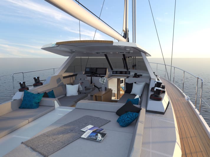   Typique d'Amel : un cockpit de pilotage profond et entièrement couvert avec un pare-brise fixe. Nouveauté : le solarium à l'arrière du bateau.