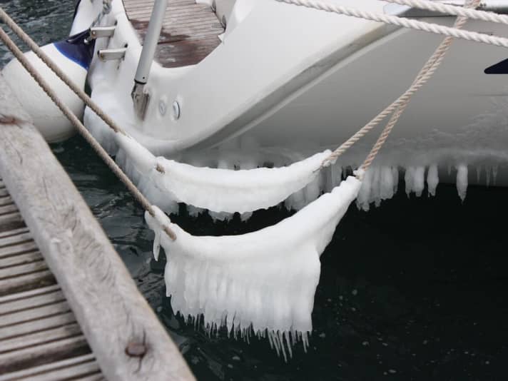   Icy mooring lines on a yacht in the harbour of Punat