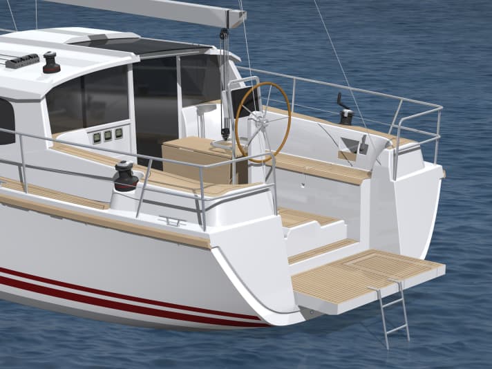   Le cockpit et le salon se trouvent sur le même niveau et sont séparés par une large baie vitrée. Nouveauté du Sirius : la plate-forme de bain rabattable.