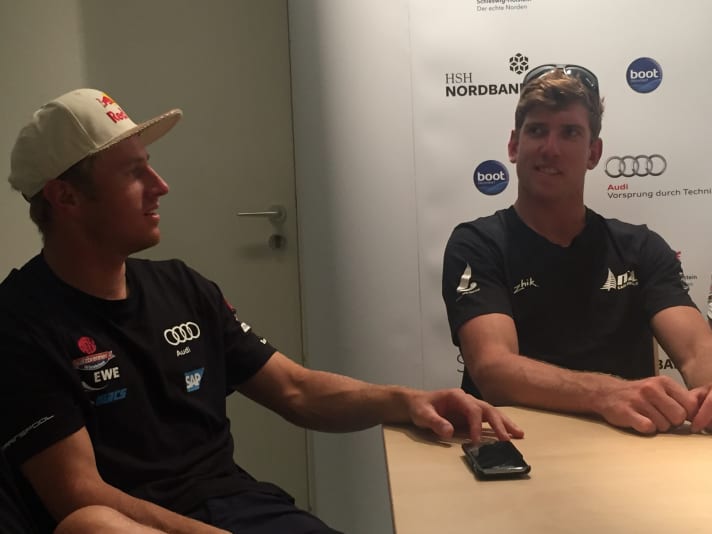   Erik Heil and sailing superman Peter Burling at the press conference in Kiel. They will be competing for Olympic medals in Rio in six weeks' time