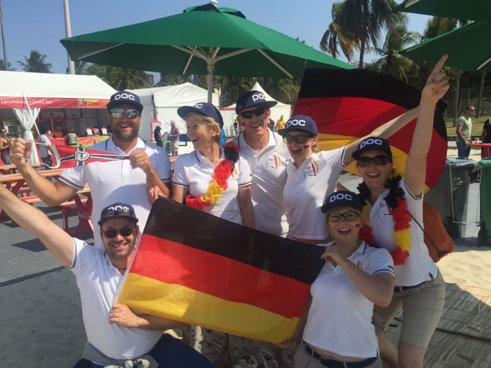   A strong fan club for Erik Heil and Thomas Plößel: youth coach Michael Kosta (below left), who brought the two sailors together in 2001, and Heil's sister Britta (below right). Above (from left to right): Sven Taube, mum Barbara Heil, Rico Schurich, Anja Dethlefsen and Karo Kosta