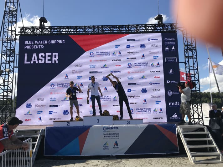   Buhl showers laser world champion Pavlos Kontides with champagne
