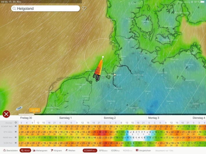   Windy-Standard : Comparaison des prévisions de vent de différents modèles de prévision (ECMWF, GFS, ICON, NEMS)