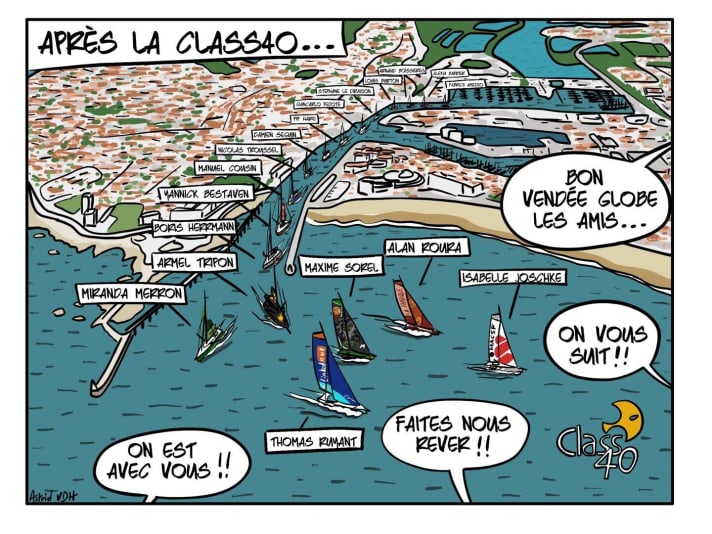   Astrid van den Hoven ha disegnato questo fumetto all'inizio della regata, riferendosi alla classe in cui i futuri eroi della Vendée Globe faranno inizialmente strada